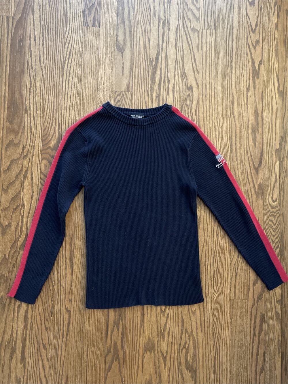 Vintage Polo Jeans Co Ralph Lauren Sweater Men’s M Black & Red Pullover US Flag